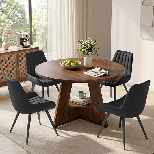 Miereirl 47.3 Inch Round Dining Table Set for 4, Round Kitchen Table with Chairs, Space Saving Dining Room Table Set with Storage Shelf for Apartment Kitchen Dining Room, Walnut Table+4 Black Chairs