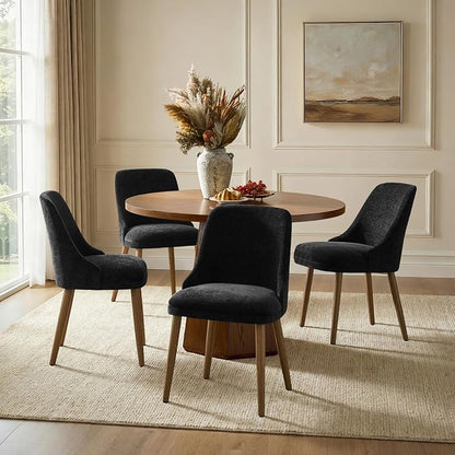 Upholstered Dining Chairs Set of 4, Fabric Dining Room Chairs with Curved Backrest, Solid Wood Legs, Modern Kitchen Chairs for Dining Room Living Room, Black