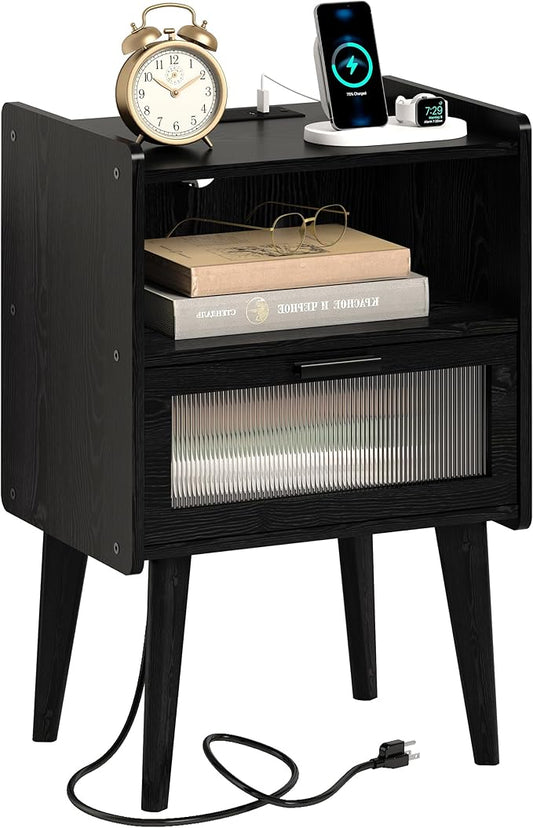MMEOLUOOK Nightstand with Charging Station, Bedside Tables with Glass Decorative Door, Black Wood Grain End Table, Side Table with 2 Tiers Storage Space for Bedroom Living Room CAMLBZ07XE
