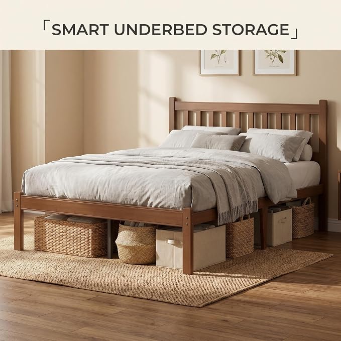 Askeld Bamboo Full Bed Frame with Headboard, 14 Inch High Wood Platform Bed No Box Spring Needed, Modern Minimalist Heavy Duty Bedframe, Easy Assembly, Noise Free, Walnut Color