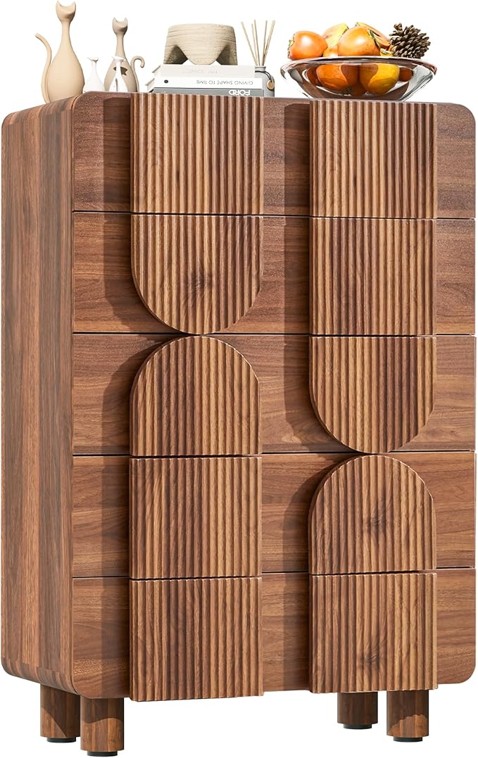 Fluted 5 Drawers Dresser for Bedroom, 46" Tall Dressers & Chest of Drawers w/Curved Profile Design, Wood Mid Century Modern Vertical Storage Dressers Organizer for Living Room, Hallway, Walnut