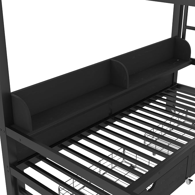 Bellemave Bunk Bed Full Over Full，Metal Bunk beds with Storage Shelves and Drawers USB Ports and LED Lights, Lower Bed That can be Converted into a Sofa, Black