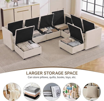 105" Beige Modular Storage Sofa, U Shaped Chenille Couch with 2 Ottomans | Oversized Convertible Sectional Sofa, 6-Seat Sectional Couch With 2 Ottomans, Large Cloud Couch For Living Room, Apartment.