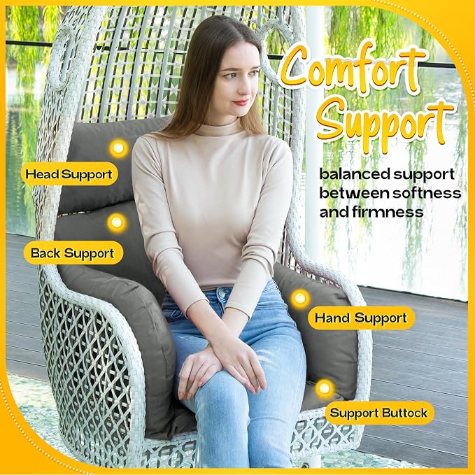 MAGIC ELEPHANT Egg Chair Cushion, Memory Foam Indoor Outdoor Hanging Egg Chair Cushion Replacement, Patio Basket Swing Cushion with Headrest (Gray)