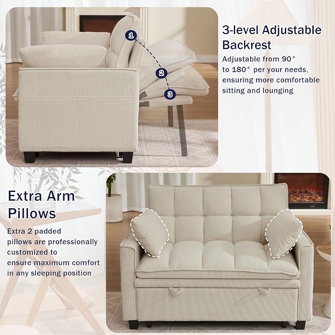 Sleeper Sofa with Pull Out Couch Bed, 48" Convertible Pull-Out Sofa Bed Chair, 3-in-1 Futon Couch with Reclining Backrest and Side Pockets for Living Room Bedroom Apartment, Beige
