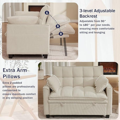 Sleeper Sofa with Pull Out Couch Bed, 48" Convertible Pull-Out Sofa Bed Chair, 3-in-1 Futon Couch with Reclining Backrest and Side Pockets for Living Room Bedroom Apartment, Beige