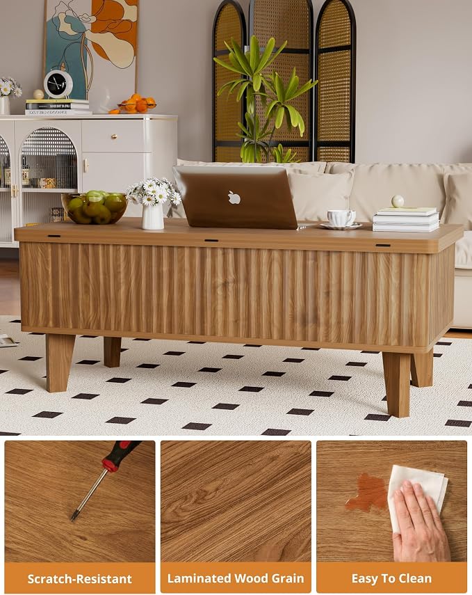 4 in 1 Lift Top Coffee Table with Storage, Mid Century Modern Living Room Center Table, Wood Fluted Multi-Function Convertible Dining Table, Walnut