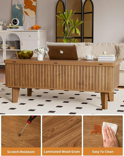 4 in 1 Lift Top Coffee Table with Storage, Mid Century Modern Living Room Center Table, Wood Fluted Multi-Function Convertible Dining Table, Walnut