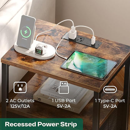 Huuger Nightstands Set of 2, End Tables with Charging Station, Side Tables with Fabric Drawers, Bedside Tables with USB Ports and Outlets, Night Stands for Bedroom, Rustic Brown and Black