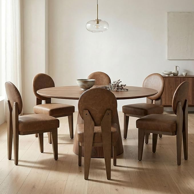 Hyfirm Mid-Century Modern Walnut Dining Chairs Set of 6, Vintage Brown Leather Wooden Kitchen Chairs, Retro Upholstered PU Cushioned Seat with Curved Backrest, Armless Accent Side Chair for Bedroom