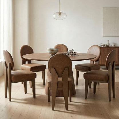 Hyfirm Mid-Century Modern Walnut Dining Chairs Set of 6, Vintage Brown Leather Wooden Kitchen Chairs, Retro Upholstered PU Cushioned Seat with Curved Backrest, Armless Accent Side Chair for Bedroom