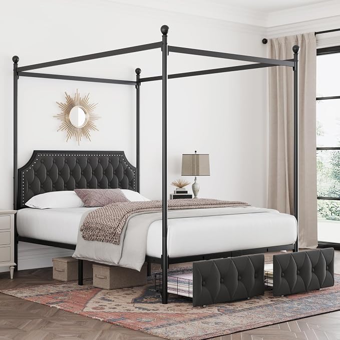 Keyluv Queen Upholstered Canopy Bed Frame with 2 Storage Drawers & Button Tufted Headboard, Metal Platform Bed with 4 Removable Posts, Two-Purpose Velvet Bed, Dark Grey/Curtain Not Included