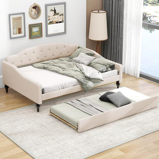 Merax Daybed with Trundle, Full Size Solid Wood Sofa Bed Frame, Upholstered Tufted Daybed for Living Room, Bedroom and Guest Room, Beige