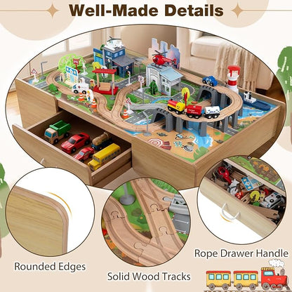 Costzon 110-Piece Wooden Train Table with Drawer for 3+ Years Old Toddlers | 3-in-1 Kids Activity Play Set w/ Reversible Tabletop, Storage Space, Train Tracks, Figures, Vehicles, and Buildings