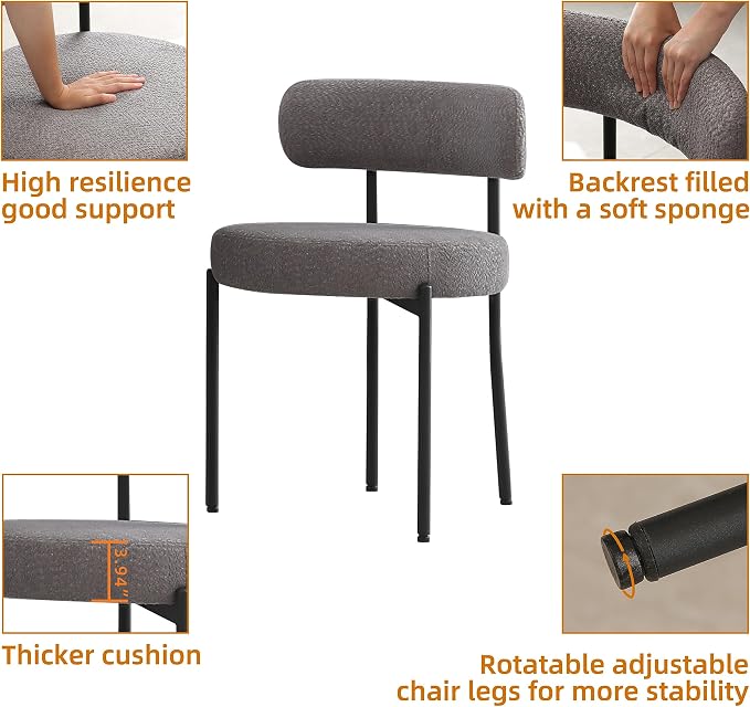 DYHOME Boucle Dining Chairs Set of 4, Upholstered Kitchen Dining Room Chairs, Side Chairs with Thick Cushions and Metal Legs for Kitchen Living Room, Dark Grey