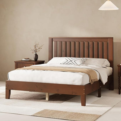 AMERLIFE Full Bed Frame, Solid Wood Platform Bed with Vertical Slats Headboard, Wooden Bedframe Full-Size, Sturdy Wooden Slats Support, No Box Spring Needed, Noise Free, Walnut