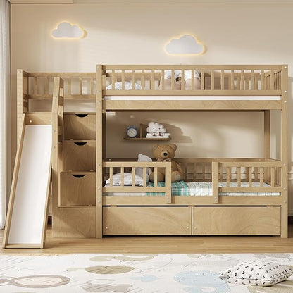 RUNNA Twin Over Twin Bunk Bed with Slide,Storage Drawers,Walnut | Built for kids who play hard and parents who hate clutter. Sturdy wood, safety rails & easy-access drawers—one bed, zero mess