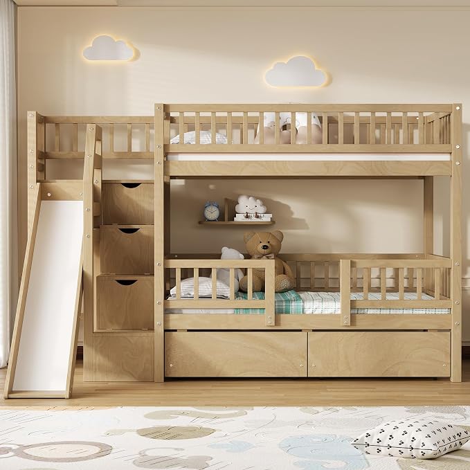 Twin Over Twin Bunk Bed with Storage Staircase, Slide and 2 Drawers,for Kids Teens Adults (Walnut#Slide, Twin Over Twin)