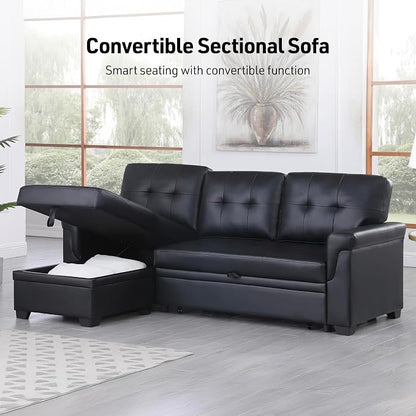 Lilola Home Lucca 84" Reversible Sleeper Sectional Sofa with Pull-Out Bed & Storage Chaise, Black Vegan Leather, Tufted Back, Modern Compact Couch for Living Room, Easy Assembly