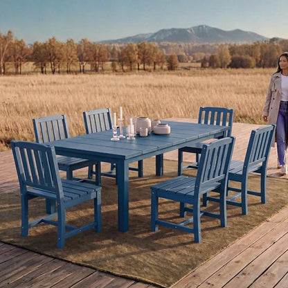 Perli™ 7-Piece Outdoor Dining Set, All-Weather HDPE Patio Table and 6 Chairs with Umbrella Hole, UV-Resistant Composite Wood Dining Furniture for Deck, Backyard, Poolside, Blue