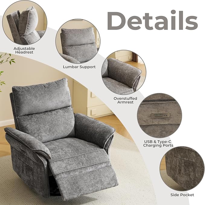 Oversized Power Recliner Chair Swivel Glider with Massage and Heat, Rocker Nursery Recliner for Adults with Adjustable Headrest, 26" Extra Wide Nursery Chair with Overstuffed Armrest, Dark Grey