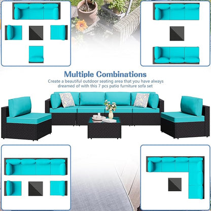 Shintenchi 7 Pieces Outdoor Patio Sectional Sofa Couch,PE Wicker Furniture Conversation Sets with Washable Cushions & Glass Coffee Table for Garden, Poolside, Backyard (Blue)