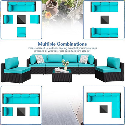 7 Piece Outdoor Patio Furniture Set,Black PE Rattan Wicker Sectional Sofa, All Weather Conversation Set with Washable Cushions & Glass Coffee Table for Backyard Poolside Garden Porch,Blue