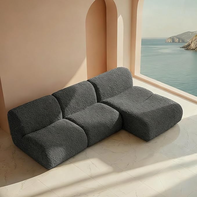 Curved Sectional Modular Couch with Chaise, Modern 106.3'' Boneless Sofa with Deep Seat, Sherpa Boucle Cloud Couch for Living Room, Cozy Teddy L-Shaped Couches，No Assembly, Gray