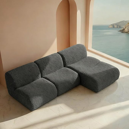 Curved Sectional Modular Couch with Chaise, Modern 106.3'' Boneless Sofa with Deep Seat, Sherpa Boucle Cloud Couch for Living Room, Cozy Teddy L-Shaped Couches，No Assembly, Gray