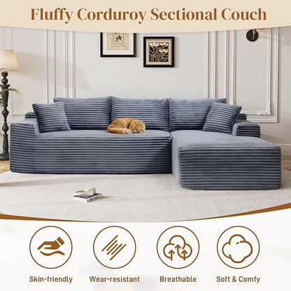 95" L Shaped Boneless Sectional Couches, Wide Armrest, Deep Seat, Memory Foam, Assembly Free, Modern Comfy Corduroy Fluffy Cloud Sofa with Right Chaise for Living Room, Small Spaces, Grey