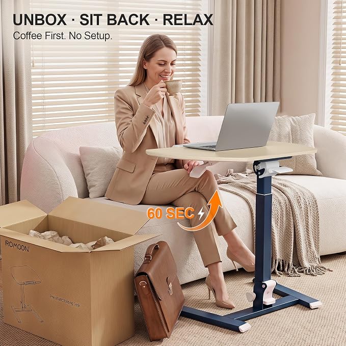 ROMOON Foldable Standing Desk with No-Assembly Design, Rolling Height-Adjustable Sit-Stand Table with Wheels, Space-Saving Portable Laptop Cart for Home Office and Small Space (Oat Yellow)