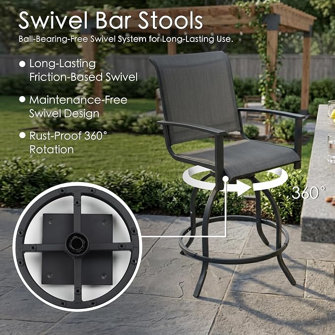 Kozyard Outdoor Swivel Bar Stools Set of 2, 360° Swivel Counter-Height Patio Bar Chairs with High Back, Powder-Coated Steel Frame & Textilene Fabric for Backyard, Balcony, Kitchen Island Gray
