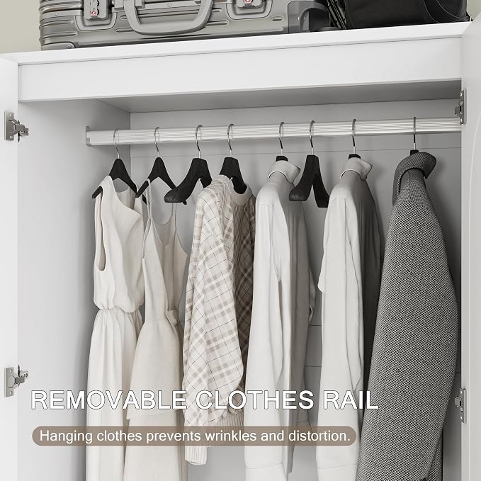 Einhomn Wooden Armoire Wardrobe Closet with 2 Doors and 2 Drawers,Bedroom Freestanding Armoire Storage Cabinet with Shelves,Tall Clothing Storage Cabinet for Bedroom,White