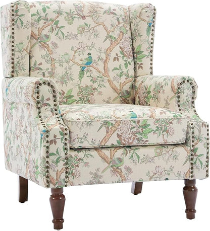 High Back Accent Chairs Set of 2, Fabric Upholstered Armchair Floral Wingback Chair for Living Room, Comfy Single Sofa Solid Wood Legs Bedroom Reading Seat - Pattern Bird