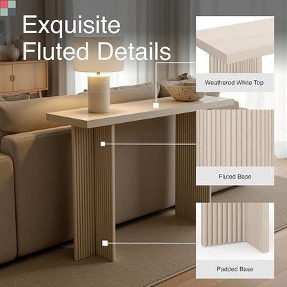 Stead Fluted Console Table – Weathered White Solid Wood Entryway Table with Oak Grain Veneer, Curved Base & Adjustable Feet – Modern Farmhouse Fluted Console Table for Hallway or Living Room.