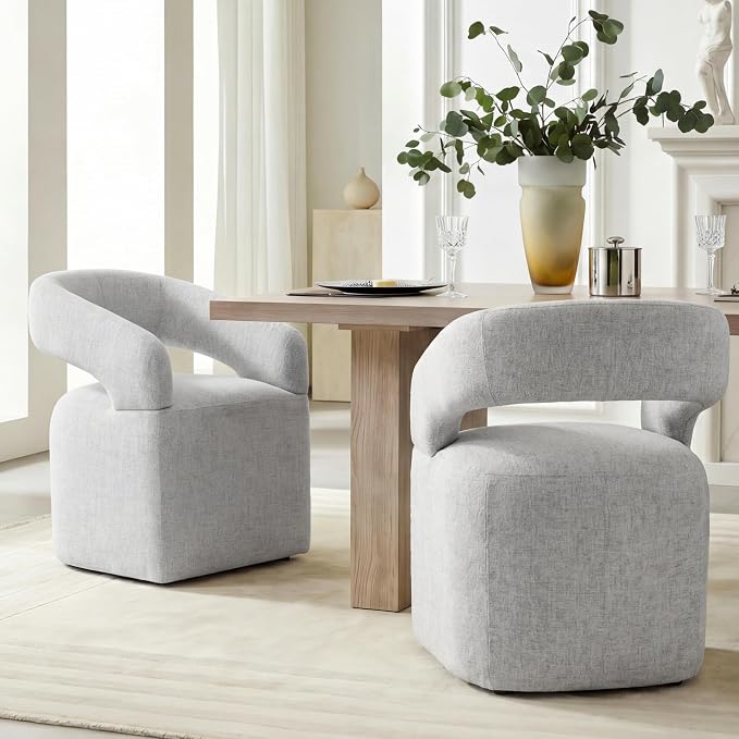 KISLOT Upholstered Dining Chairs Set of 2, Modern Arm Kitchen & Dining Room Chairs with Hidden Casters, Linen Fabric Padded Rolling Chairs, Sturdy Wood Frame, 300 lbs Capacity, Light Grey