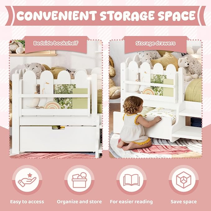 Bellemave Twin Montessori Bed with Stairs, Lights, Rails and Slats, Twin Size Montessori Floor Bed with Bookshelf and 2 Storage Drawers, Easy Assemble Beds Frame for Girls, Boys, White