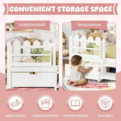 Bellemave Twin Montessori Bed with Stairs, Lights, Rails and Slats, Twin Size Montessori Floor Bed with Bookshelf and 2 Storage Drawers, Easy Assemble Beds Frame for Girls, Boys, White