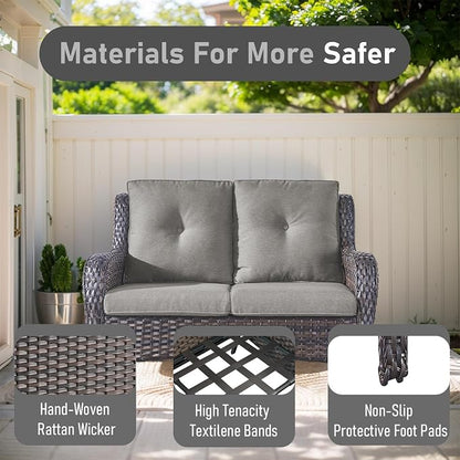 Outdoor Loveseat Sofa-2 Seater Rattan Wicker Patio Couch High Back Patio Sofa for Porch Deck Backyard-Brown/Grey