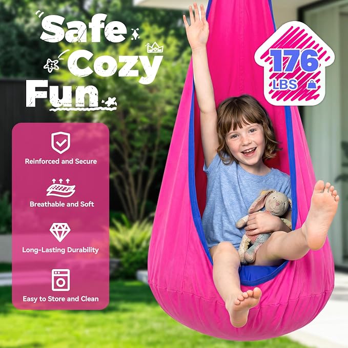 Y- STOP Kids Pod Swing Seat, Hanging Hammock Chair Swing with Inflatable Pillow, Sensory Swing Chair with Pocket for Outdoor and Indoor (Pink and Blue) pcs