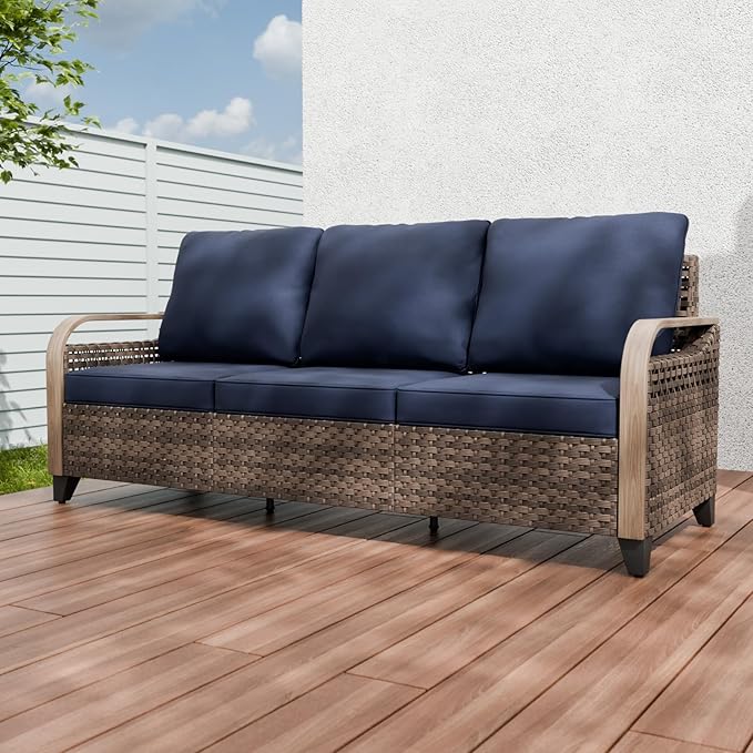 Modern Wicker Patio Sofa, Rattan Outdoor Couch for Small Balcony, 3 Seat Couch Furniture Set for Garden Deck Backyard, Brown/Blue