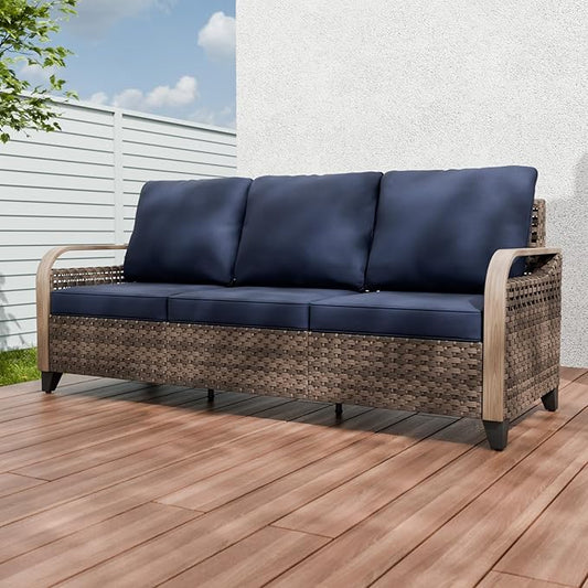 Modern Wicker Patio Sofa, Rattan Outdoor Couch for Small Balcony, 3 Seat Couch Furniture Set for Garden Deck Backyard, Brown/Blue
