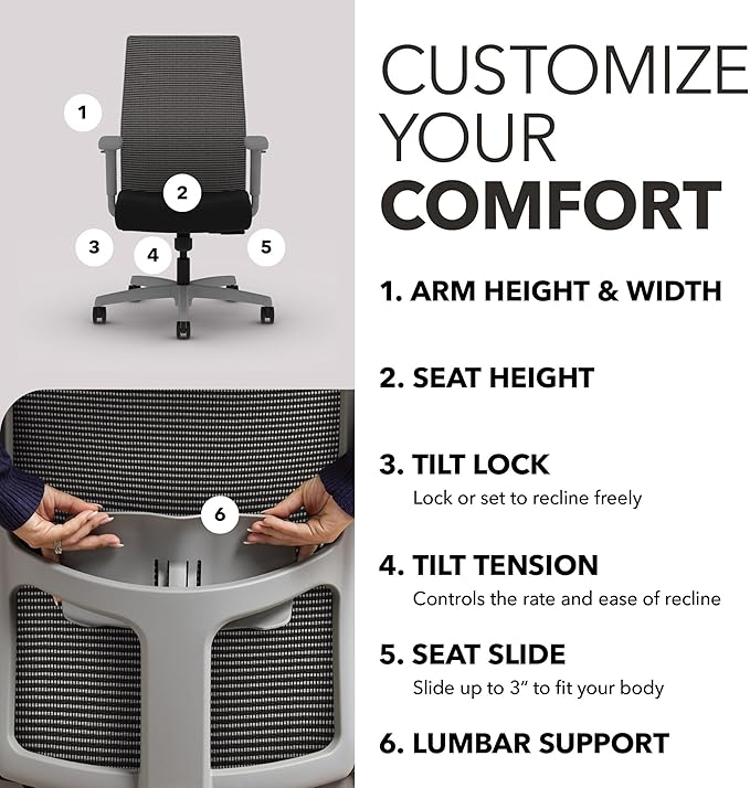 HON Ignition 2.0 Mid‑Back Ergonomic Office Chair, Mesh Task Desk Chair with Lumbar Support, Standard Synchro‑Tilt, Height and Width Adjustable Arms, Titanium Frame, Black