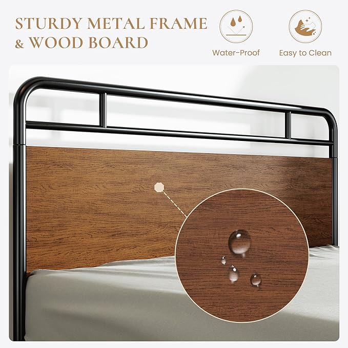 SHA CERLIN Full Size Bed Frame with Wooden Headboard and Footboard, Rounded Corner Metal Structure, Heavy Duty Slats with Under-Bed Storage, No Box Spring Needed, Walnut