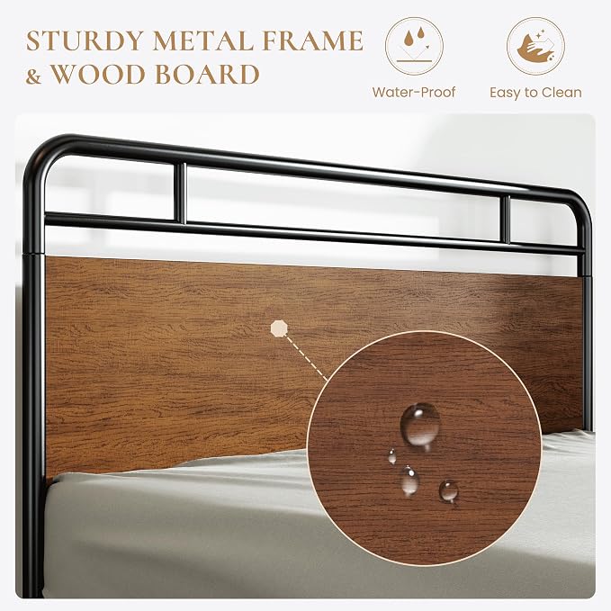 SHA CERLIN Queen Size Bed Frame with Wooden Headboard and Footboard, Rounded Corner Metal Structure, Heavy Duty Slats with Under-Bed Storage, No Box Spring Needed, Walnut