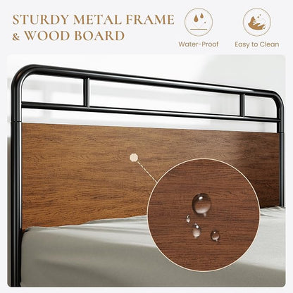 SHA CERLIN Queen Size Bed Frame with Wooden Headboard and Footboard, Rounded Corner Metal Structure, Heavy Duty Slats with Under-Bed Storage, No Box Spring Needed, Walnut