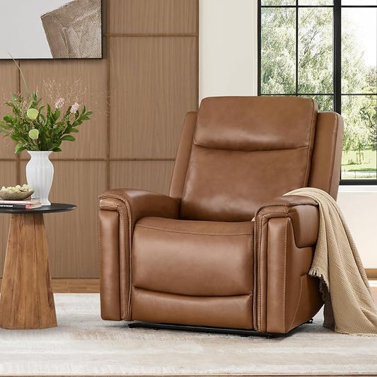Watson & Whitely Super Zero Gravity Power Recliner Chair with Power Headrest, Genuine Leather Recliner with USB & Type-C Ports, Electric Reclining Sofa Chair for Living Room, Bedroom, Saddle Brown