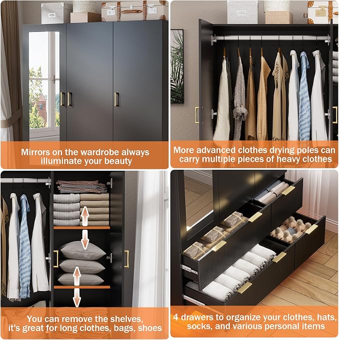 PAKASEPT Large Wardrobe Closet, 3 Door Armoire Closet | Mirror and LED Lights, Hanging Rod, Drawers, Armoires and Wardrobes for Bedroom