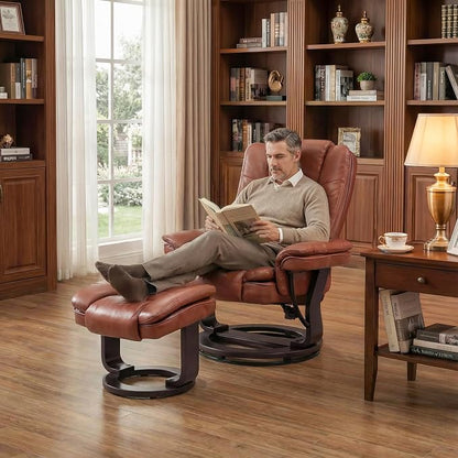 Swivel Recliner Chair with Ottoman Reclining Lounge Sofa Footrest, Set of 2 | 360°Sturdy Wood Base, Soft PU Leather, Upholstered Ultra-Plush Foam, Modern Armchair, Living Room Bedroom Office Reading Home