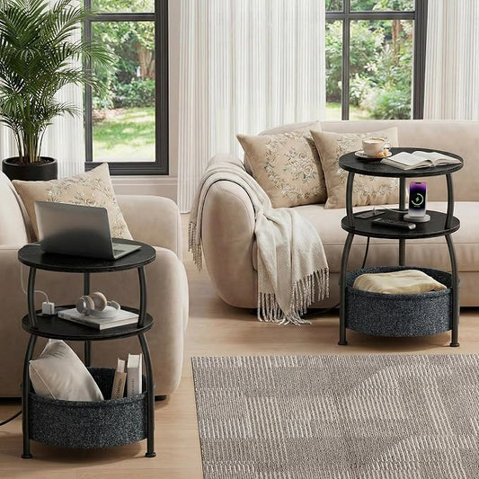 Round Side Table with Charging Station, USB Type C Port, Black | Round End Table with Basket for Living Room, Space Saving, Tall Night Stand for Bedroom Dorm,15.75in Metal and Wood, Rustic